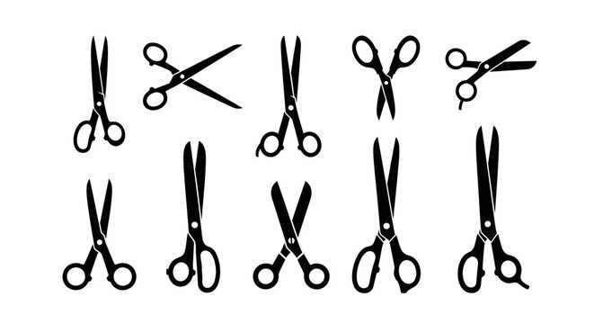 Scissors, shears, cutting tools, black icons, 9 scissor set, vector graphics