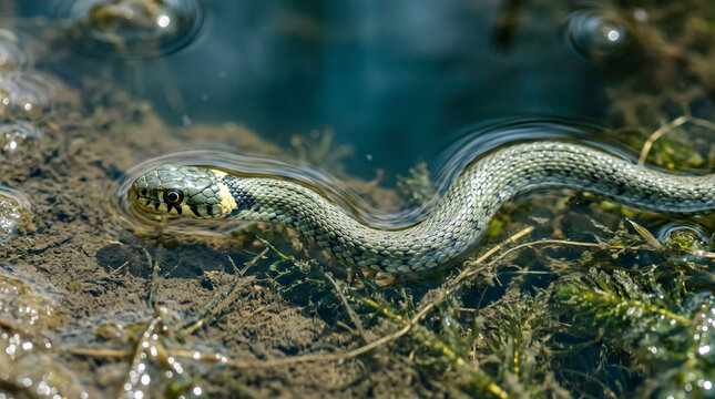 Grass snake swimming gracefully in clear shallow pond water