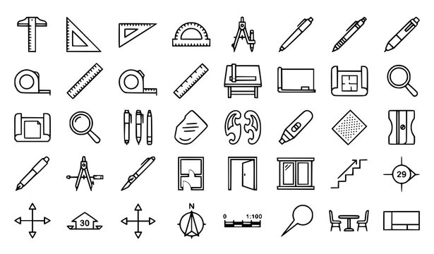 Architectural Drafting Tools and Engineering Equipment Line Art Icon Set