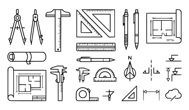 Architectural Drafting Tools and Engineering Equipment Line Art Icon Set