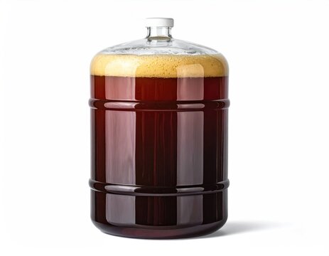 Large glass fermenter filled with dark liquid and frothy head