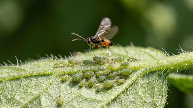 Parasitoid wasp flying above a colony of green aphids on a leaf