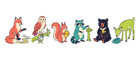 Fototapeta premium Woodland animal cartoon characters set guiding and navigating on a forest trail with maps and signs, featuring a fox, owl, squirrel, raccoon, bear, and deer in a playful vector style.