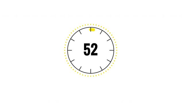 Circular reverse countdown timer animation counting down from 55 seconds to zero with yellow progress details and a transparent background for event timing, broadcasts, presentations, overlays
