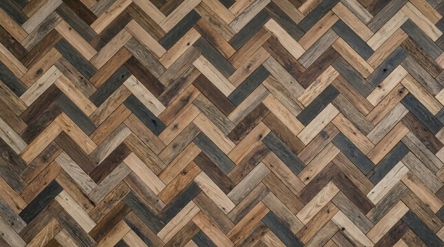 Rustic wooden wall paneling with a herringbone pattern, reclaimed wood planks in various shades of brown, grey, and natural timber tones