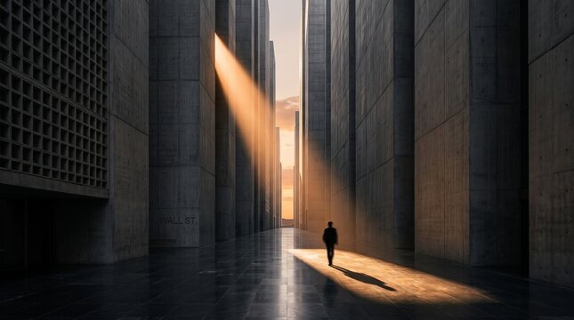 Businessman Walking Toward Opportunity in Urban Canyon