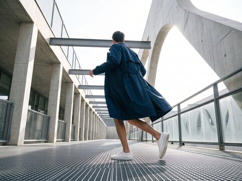 Man Running Through Modern Concrete Corridor Structure