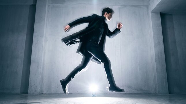 Businessman Running Fast Through Modern Corridor