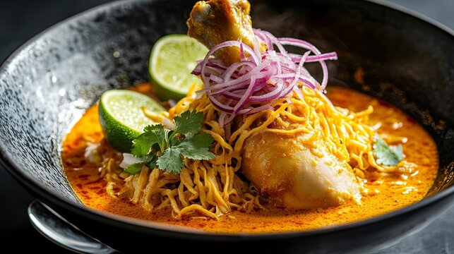 Northern thai khao soi noodle soup chicken drumstick crispy noodles red onion slivers lime slice