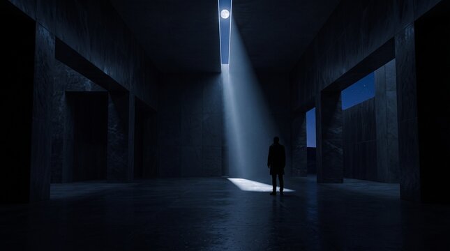 Solitary Figure Standing in Vast Empty Concrete Corridor at Night