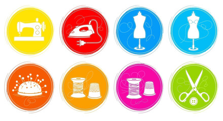 Fototapeta premium Sewing, fashion icons, colorful buttons, 8 signs, flat design, white graphics, colorful background