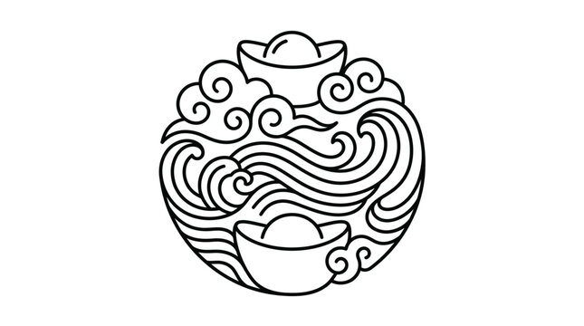 Black and white circular line art illustration featuring traditional Chinese symbols of prosperity, including gold sycee ingots, auspicious clouds, and stylized ocean waves on a white background.