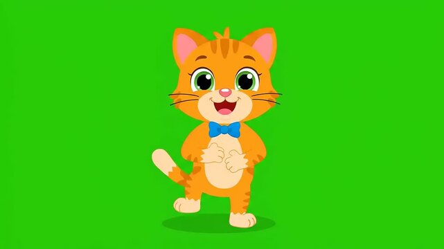 Adorable orange cartoon cat with a blue bow tie smiling and waving on a green screen background, perfect for animation and digital content