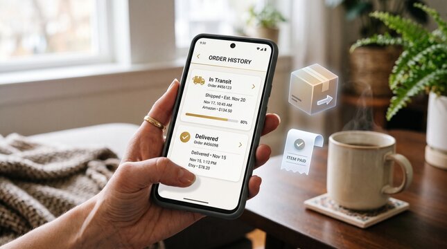 Person holding a smartphone displaying order history details with floating 3d e-commerce icons and elements