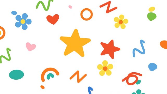 Colorful playful animated geometric shapes flowers stars and hearts on white background
