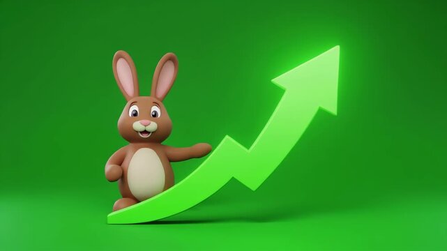 Cute cartoon bunny character indicating upward financial growth with a bright green arrow on a solid background