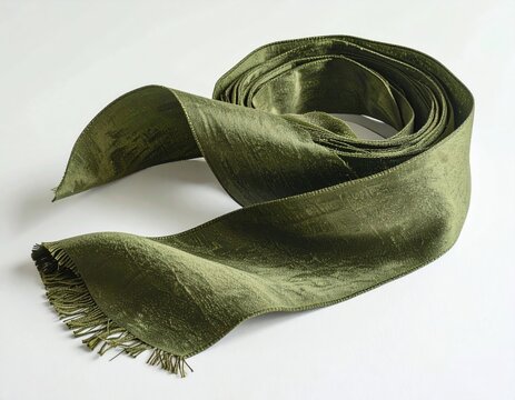Flowing, lustrous green fabric sash with fringed ends, elegantly draped
