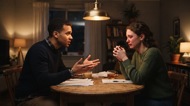 Intimate, cinematic photorealistic scene of a young couple having a tense, emotional conversation at a round wooden kitchen table in the evening. Warm overhead pendant light casts soft, directional li