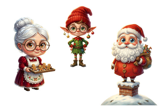 Cute cartoon Christmas characters set featuring Mrs Claus with cookies Santa on chimney and funny Elf