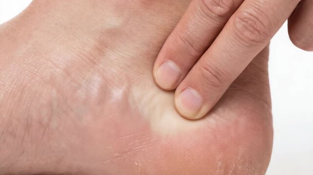 A person presses on their heel to show how to reduce foot pain. This method helps in providing comfort and relief to tired feet after a long day. It is easy to do at home