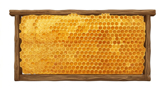 Honeycomb Wooden Frame Filled with Fresh Golden Honey Vector Illustration