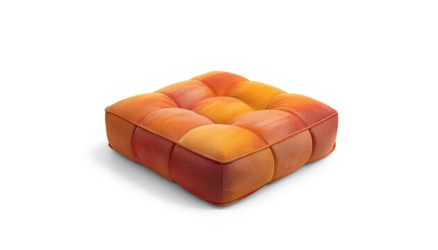 Square tufted floor cushion featuring vibrant orange and red gradient fabric textures on white background