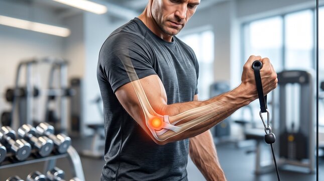 Muscular man performing cable curls with a highlighted anatomical elbow joint during his gym workout