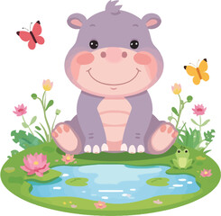 Cute cartoon hippopotamus sitting by a pond with butterflies. Friendly purple hippo character enjoying nature and wildlife in a vibrant spring garden.