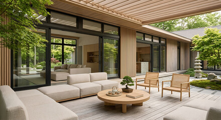 Fototapeta premium Serene Outdoor Living Area with Japanese Garden View.A beautiful outdoor deck area featuring modern wooden furniture,a central fire pit table, and a stunning view of a traditional Japanese rock garden