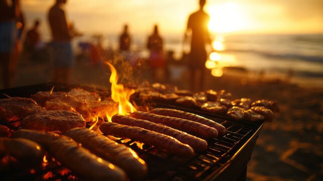 Beach barbecue at sunset with grilled sausages over open fire and blurred people in background showing summer picnic outdoor cooking seaside party vacation food and warm evening gathering lifestyle