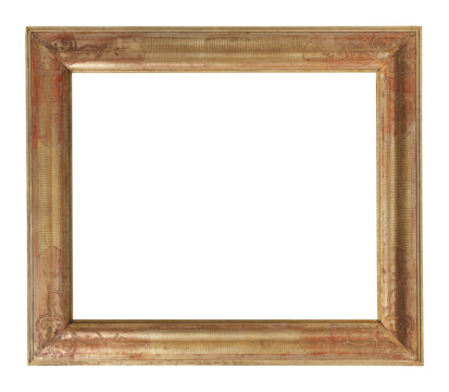 Vintage artistic painting frame overlay isolated on transparent background (png). Antique gold ornate picture border with blank cutout center window for canvas art and portrait photo mockup.