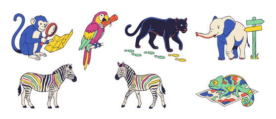 Obraz premium Cute cartoon safari animals vector set with adventurous monkey, colorful parrot, black panther, friendly elephant, rainbow zebras, and chameleon exploring with maps on white background for children!