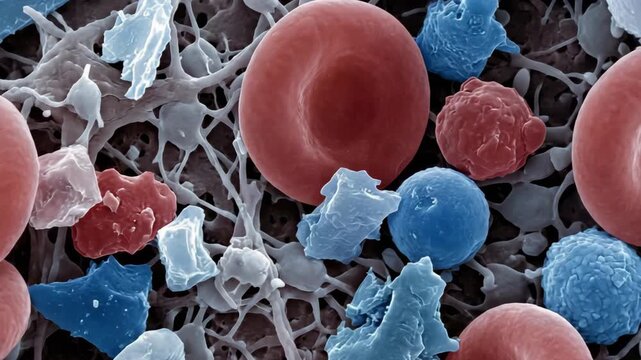 A close look at human blood cells shows red blood cells, white blood cells, and different particles. This shows the structure and makeup of blood in detail
