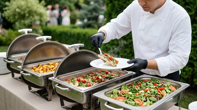  Chef serving food from outdoor buffet with chafing dishes, highlighting catering service, professionalism, and elegant dining in scenic event setting.
