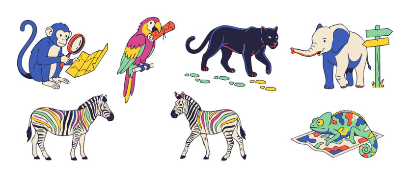 Cute cartoon safari animals vector set with adventurous monkey, colorful parrot, black panther, friendly elephant, rainbow zebras, and chameleon exploring with maps on white background for children!