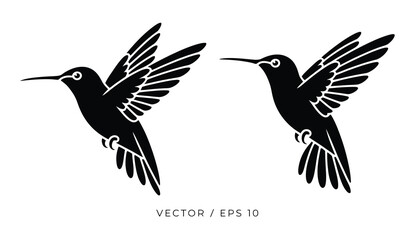 Hummingbird Silhouette Vector Set, Two Elegant Flying Birds With Open Wings, Minimal Black Nature Icons For Branding, Stickers, Wildlife Illustrations, And Graphic Design, Isolated On White Background © Kh