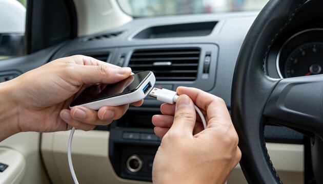 Person plugging a white USB cable into a portable mobile hotspot device in a car interior, providing wireless internet connectivity and wifi for travel and remote work