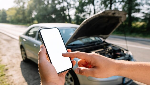 Man holding smartphone with blank screen in front of broken car on roadside, calling for emergency assistance and car insurance support for vehicle breakdown