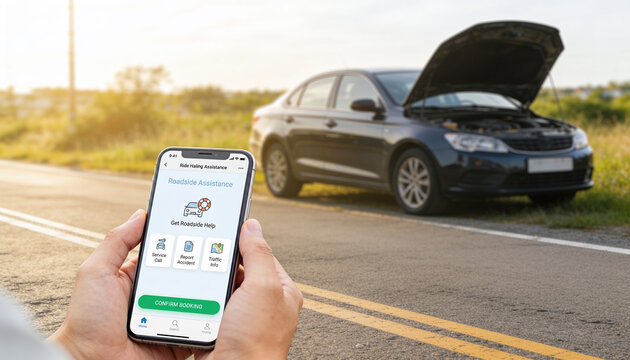 Hands holding a smartphone with a roadside assistance app open, car with open hood parked on the roadside for emergency service and vehicle repair support
