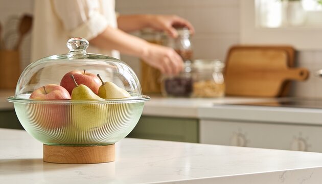 Fresh apples and pears inside a glass cloche bowl on a kitchen counter, blurred person organizing pantry jars for healthy living and home decor inspiration