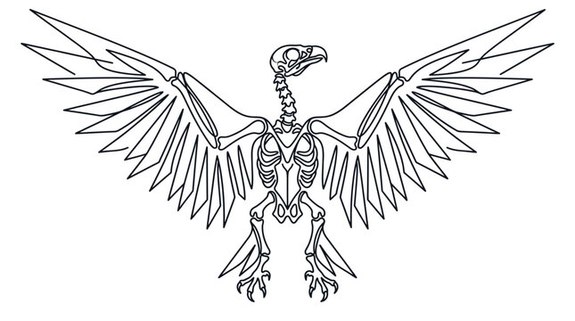 Abstract monoline continuous line art of an eagle or vulture skeleton with spread wings, featuring detailed bone structure, ribs, and talons on a white background vector graphic.