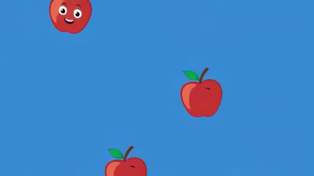 Red Apples Falling with Happy Faces in Bright Blue Sky Seamless Motion Background