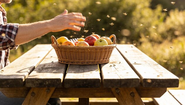 Man reaching for a basket of fresh apples on a wooden table while bees swarm around the fruit, outdoor summer harvest and pest control concept for nature and food safety