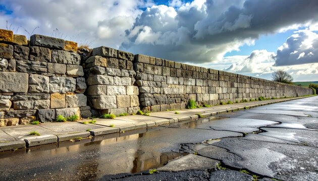 Ancient stone wall lines a cracked road under dramatic cloudy skies
