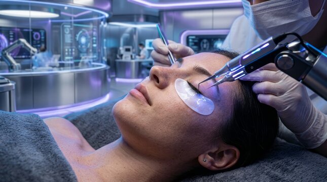 Close up of woman receiving futuristic eyelash extension treatment in beauty salon with precision robotic tool luxury cosmetics procedure long lashes skincare technology professional aesthetic care
