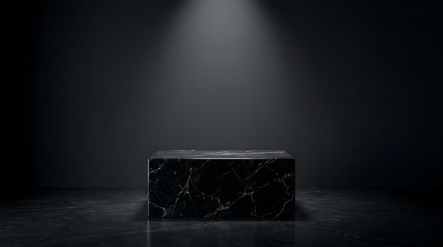 Empty black marble podium on spotlight stage. Sleek dark pedestal for luxury product display and mockups.