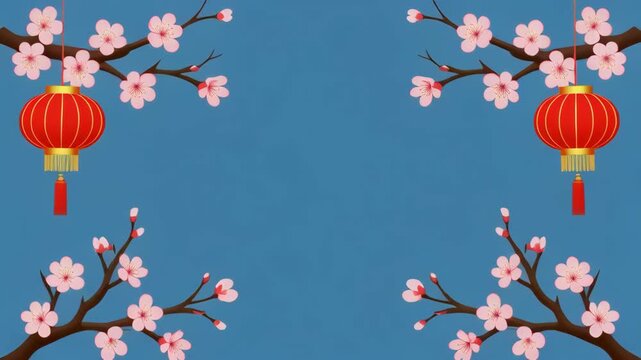 Red lanterns sway gently on blooming cherry branches against a serene blue background celebrating East Asian spring festivals