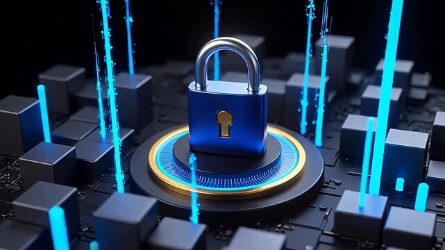 Glowing blue lock in cyber security scene