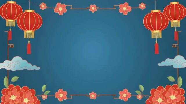 Red lanterns with clouds and flowers on blue background motion for festive celebrations
