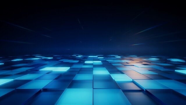 A dark high-tech background with glowing blue squares and a hint of orange light
